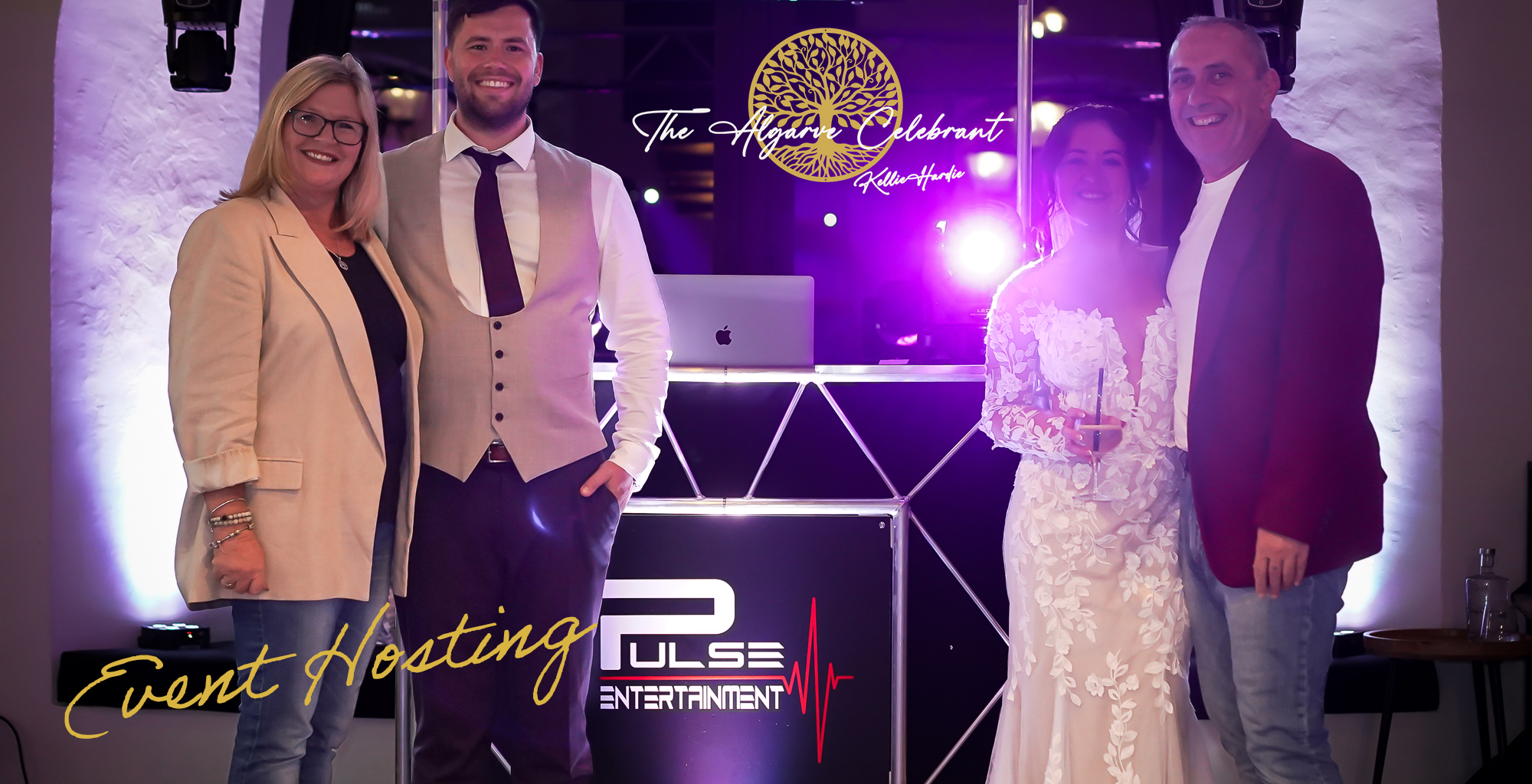 Event hosting at a wedding reception, with The Algarve Celebrant engaging guests alongside Pulse Entertainment, ensuring a lively and seamless celebration.